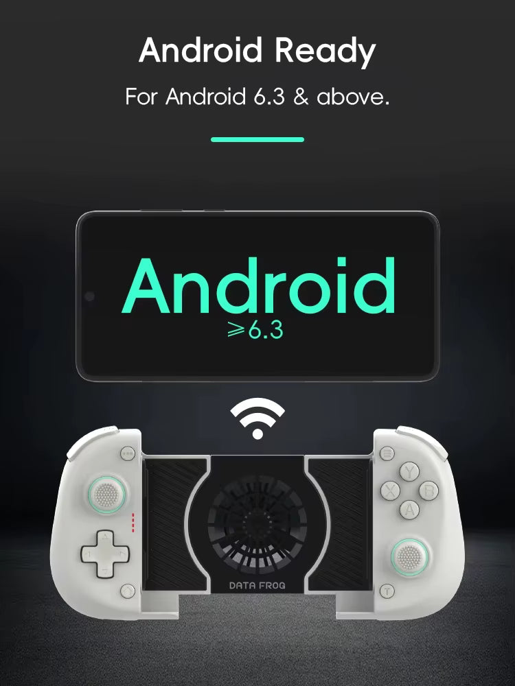 Data Frog controller with cooling fan shown under phone display, labeled Android Ready for version 6.3 and above.