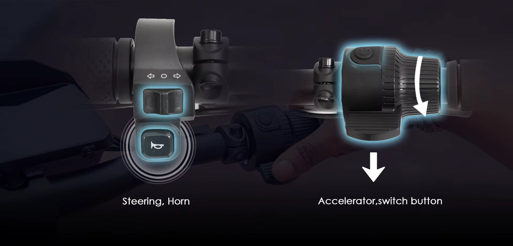 Control panel of an electric scooter with labeled buttons for steering, horn, accelerator, and switch on a dark background.