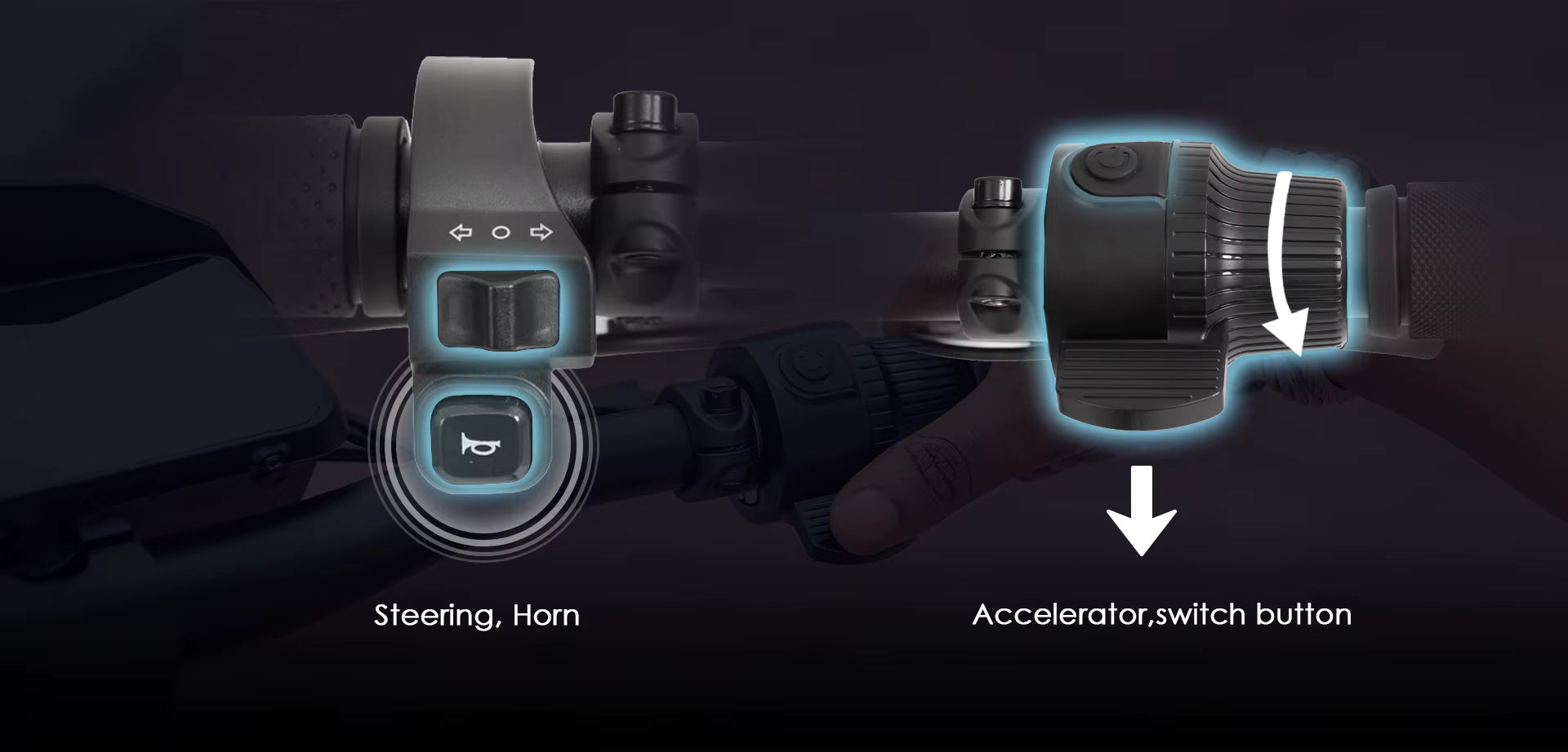 Control panel of an electric scooter with labeled buttons for steering, horn, accelerator, and switch on a dark background.