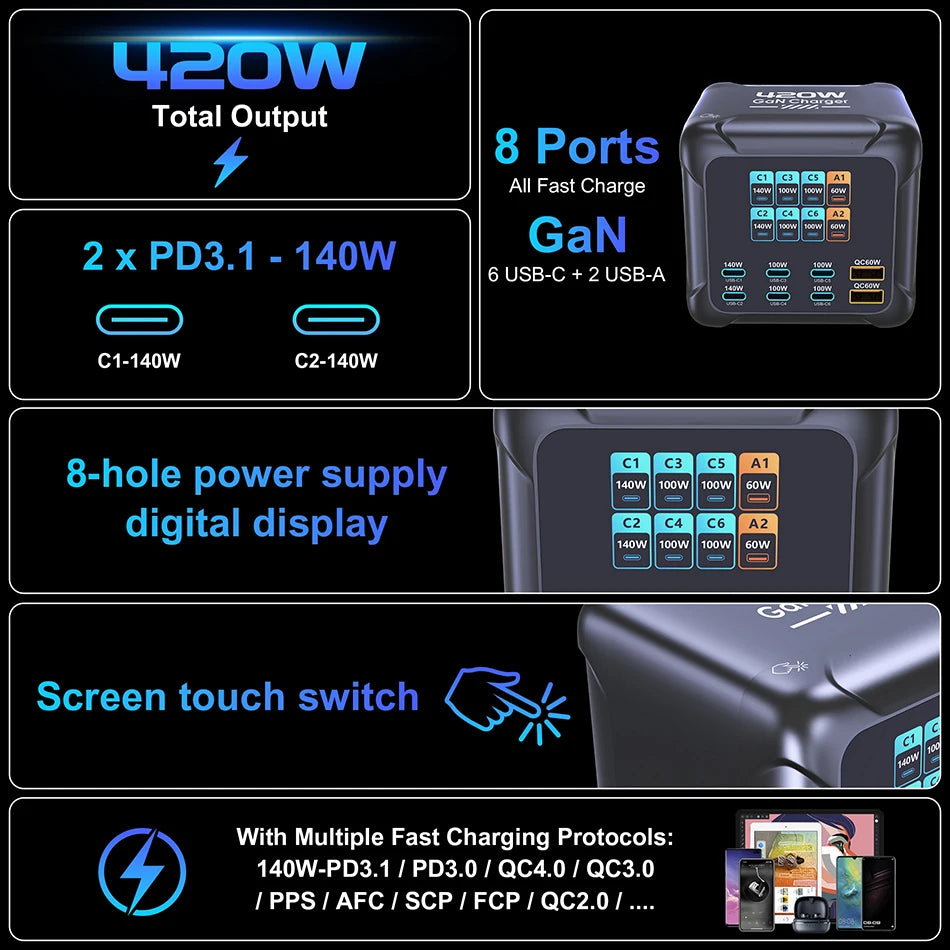 8-port charging station with features highlighted on a black background
