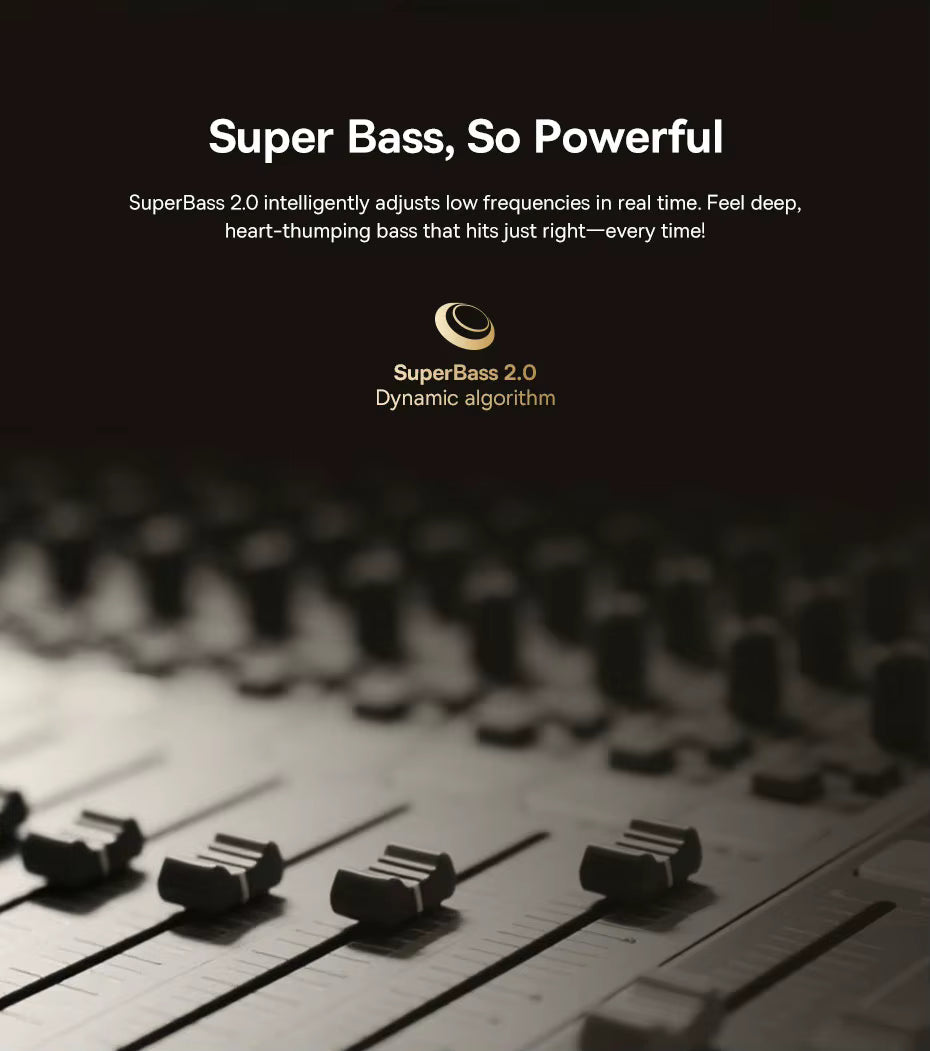 Close‑up of an audio mixing console with sliders and knobs under warm lighting, featuring the text “Super Bass, So Powerful” and “SuperBass 2.0 Dynamic algorithm,” highlighting advanced low‑frequency sound adjustment technology for deep, powerful bass.