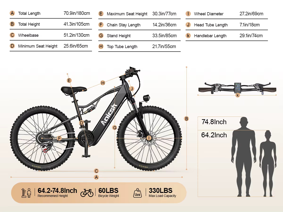 Bicycle with detailed specifications and size chart on a white background