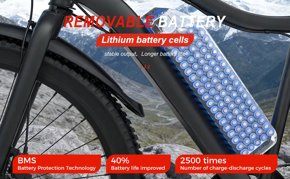 Electric bike with a removable battery pack on a mountainous background