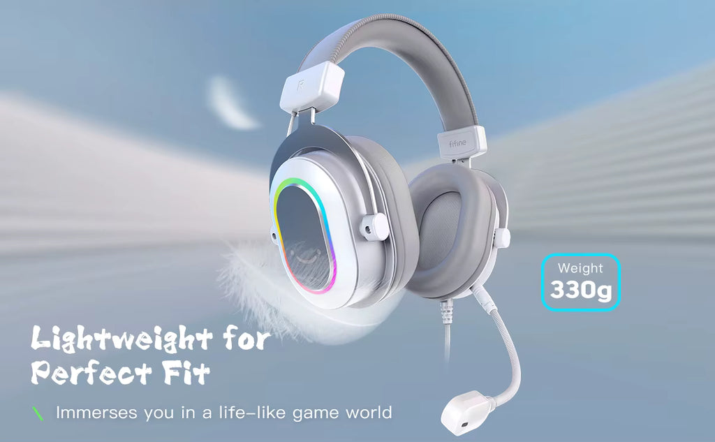 Promotional product shot of the headset resting at an angle on a clean minimalist surface