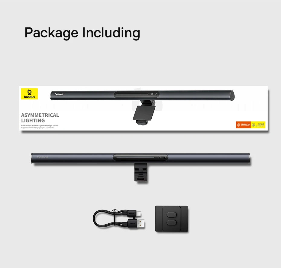 Baseus asymmetrical lighting package with packaging, light bar, USB cable, and remote control on a white background.