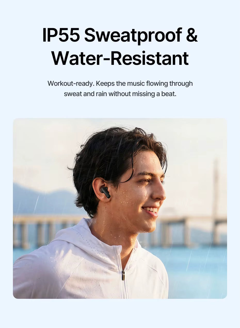 Person wearing wireless Baseus EP10 earbuds with text about sweatproof and water-resistant features.