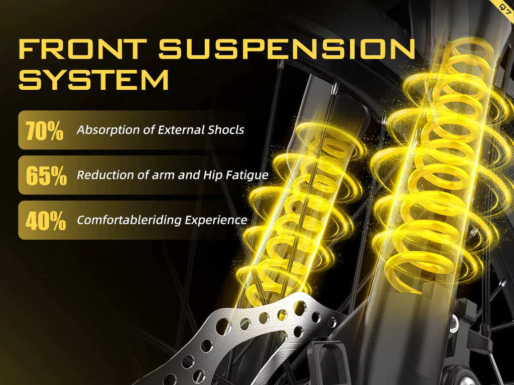 Front suspension system with highlighted features for the Aairsk Q7 e-bike on a dark background