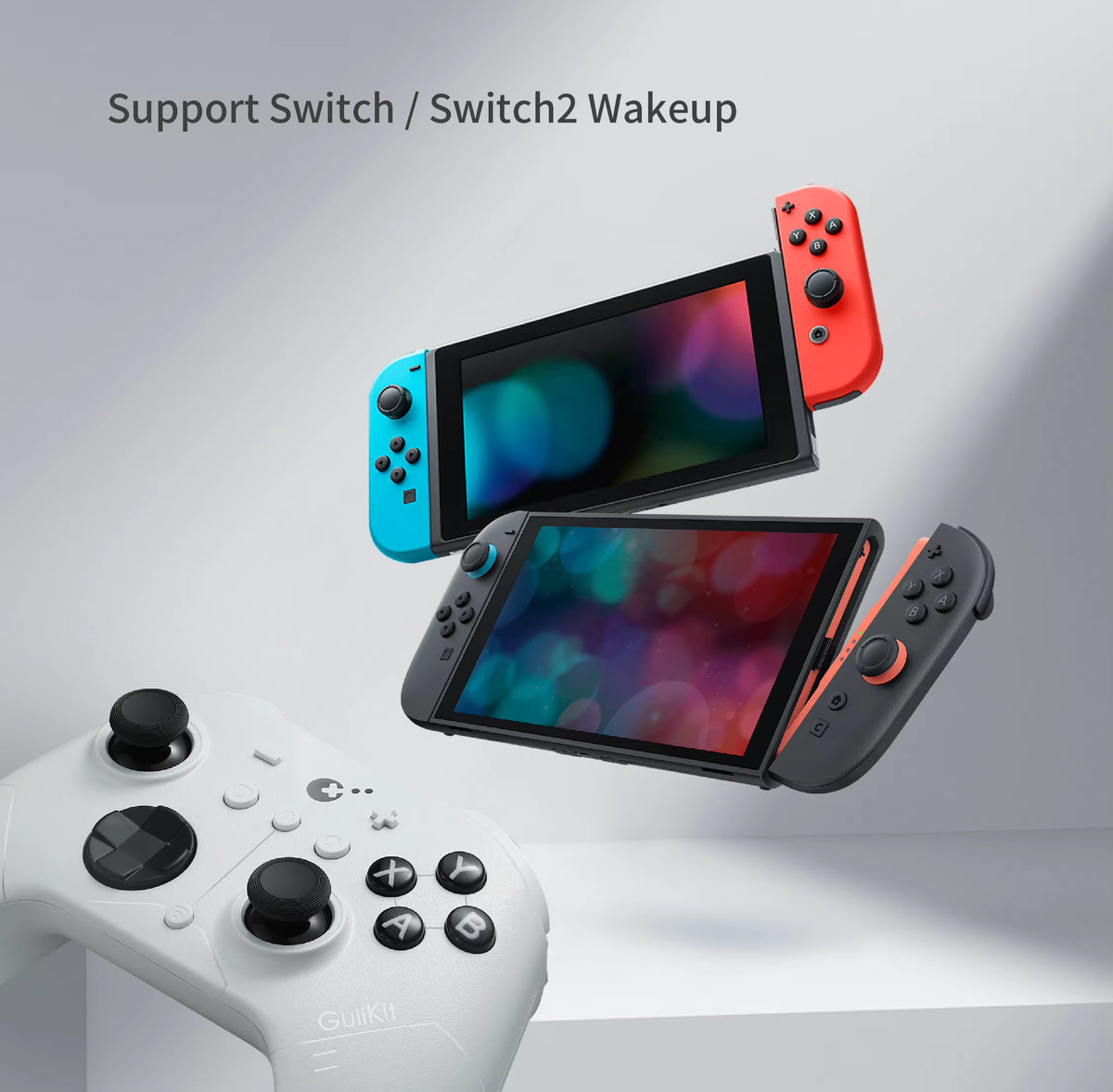 GuliKit ES Pro Wireless Gamepad in white finish displayed with two Nintendo Switch consoles, one red‑blue and one dark grey. Promotional graphic highlighting compatibility and wake‑up support for Switch and Switch 2 devices.