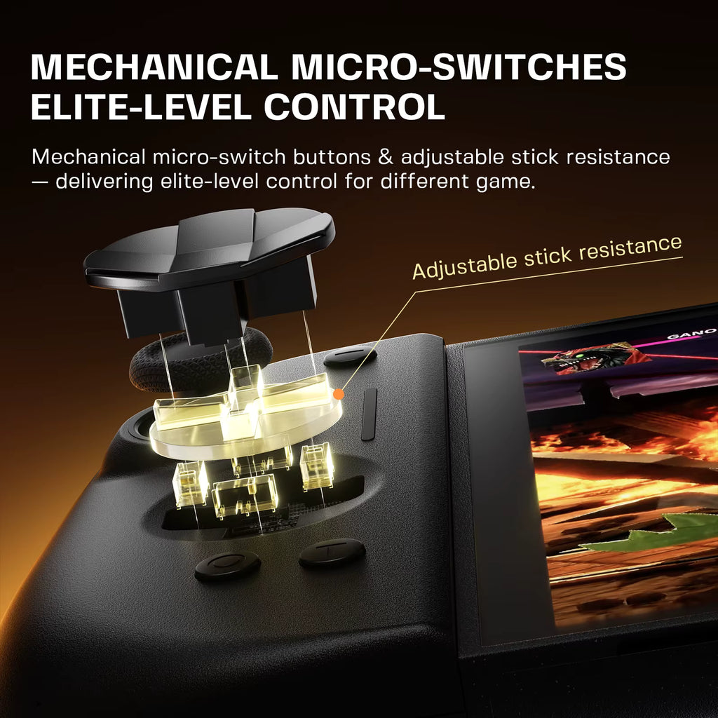 Close-up of a black game controller with a transparent exploded view showing internal mechanical micro-switches and adjustable stick resistance, with marketing text on a dark background.