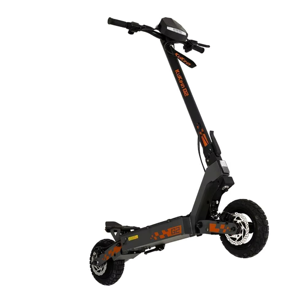 Black electric scooter with orange text on a white background