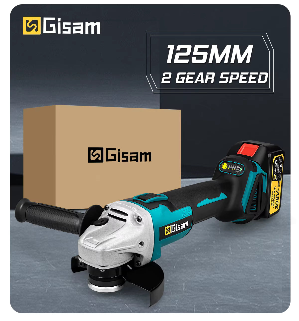 Gisam 18V Brushless Electric Angle Grinder promotional graphic highlighting 125mm disc and 2-gear speed   
