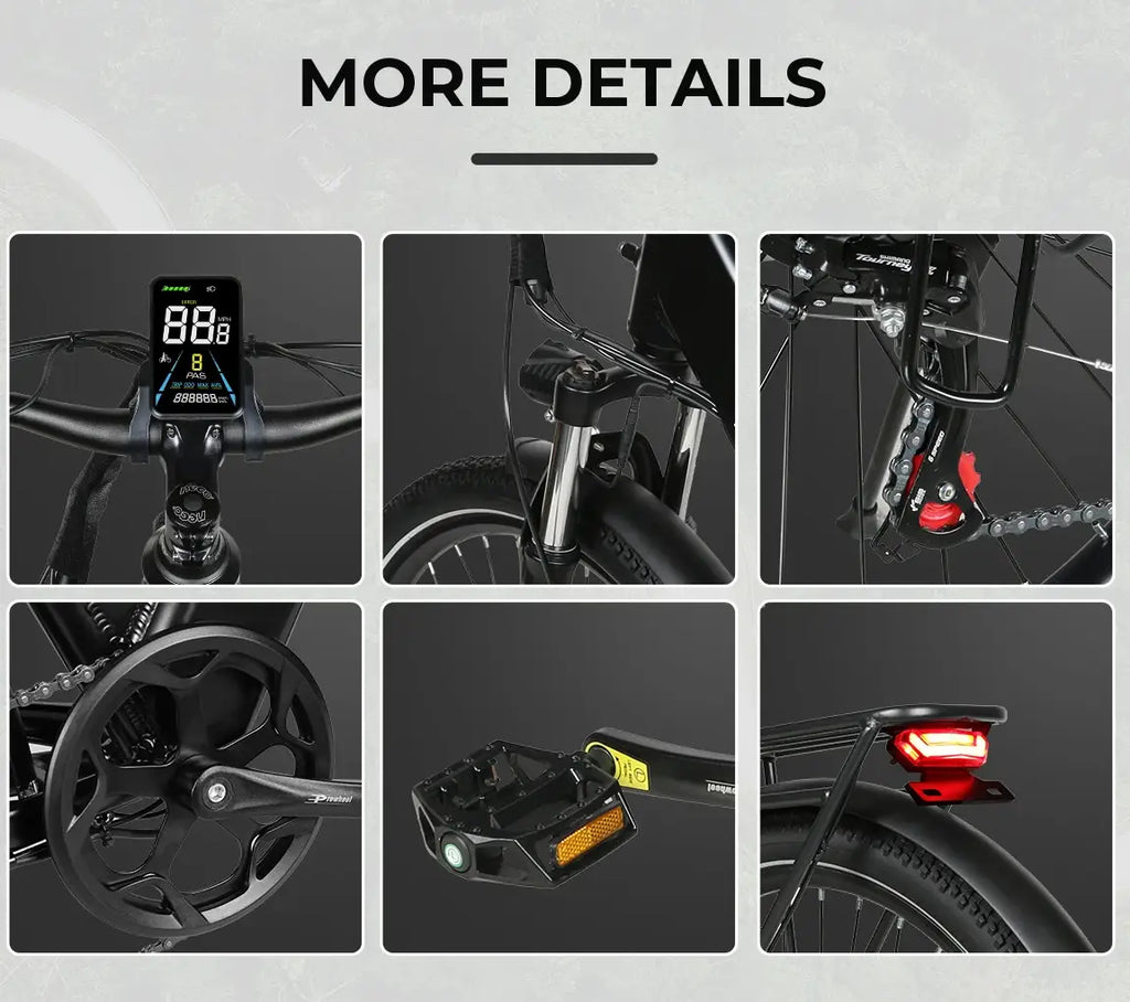 SAMEBIKE RS‑A01 PRO‑T electric bike Collage of bicycle parts with close-up details on a gray background