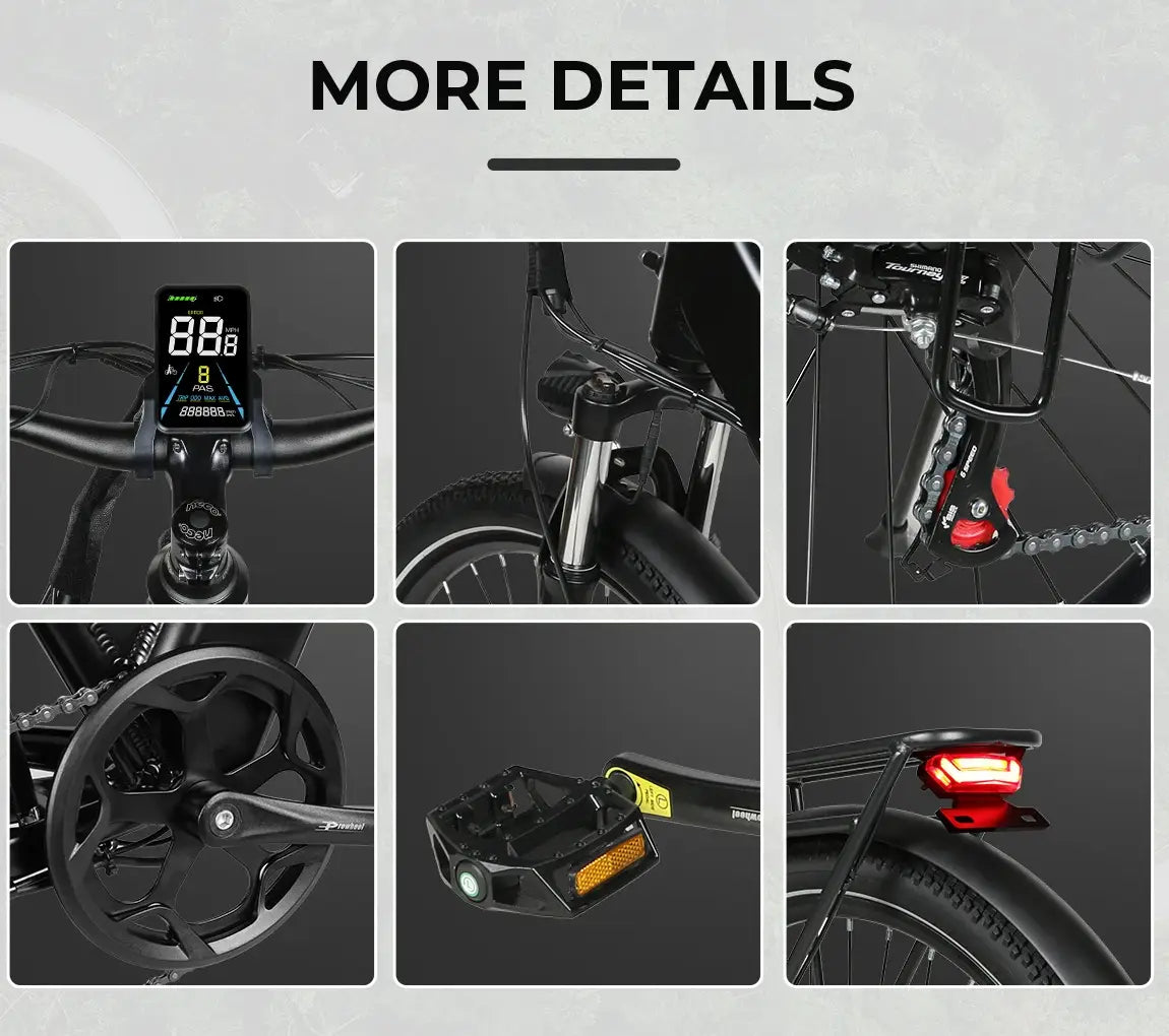SAMEBIKE RS‑A01 PRO‑T electric bike Collage of bicycle parts with close-up details on a gray background