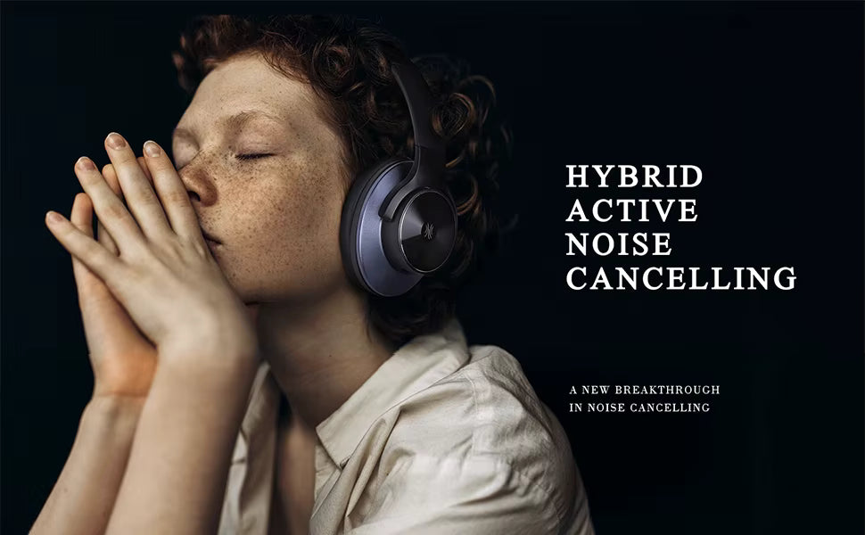 Person wearing OneOdio A10 Hybrid ANC Over-Ear Bluetooth headphones with text about hybrid active noise canceling technology.