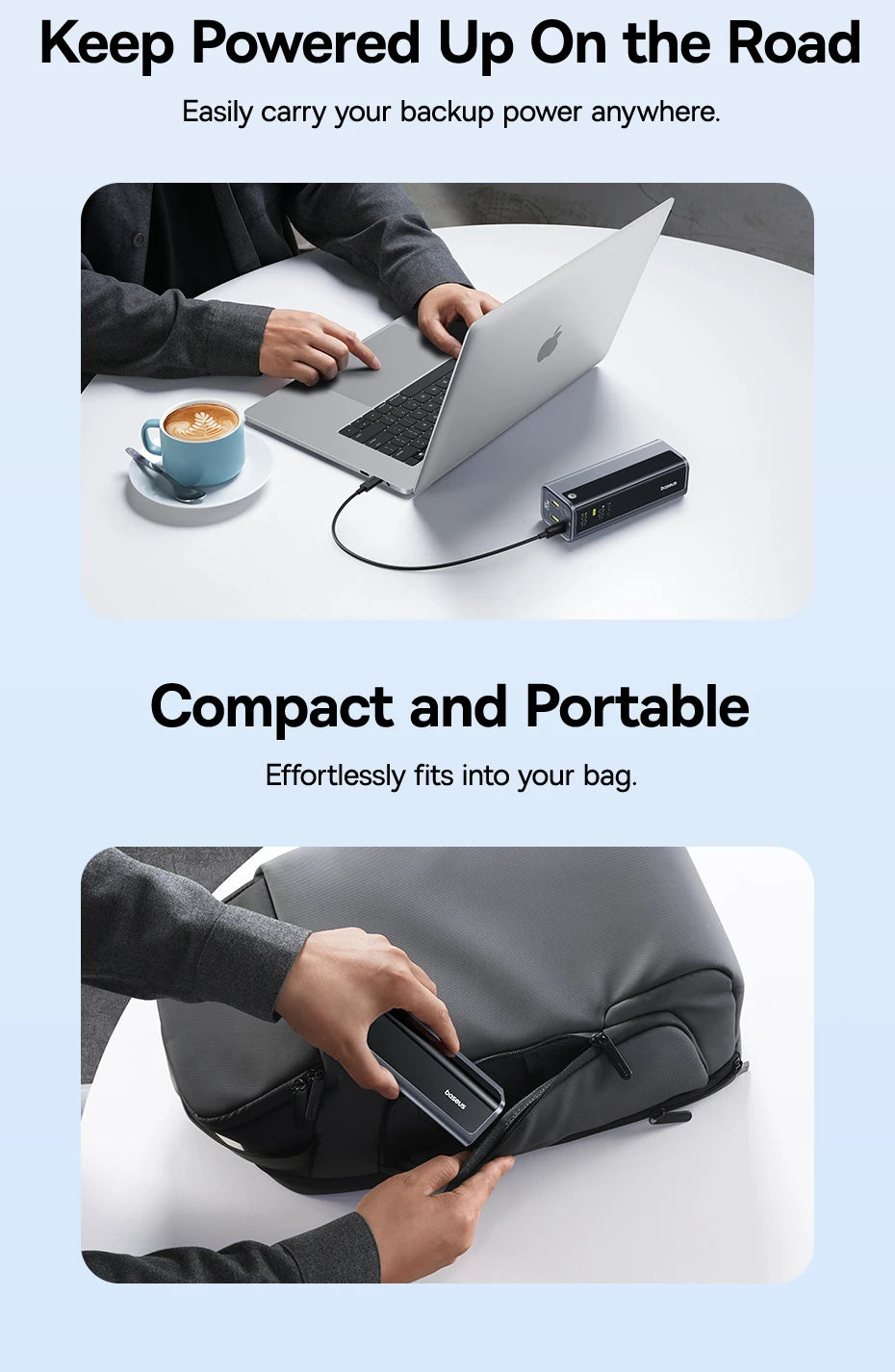 Person using a laptop with a portable power bank, emphasizing compactness and portability.