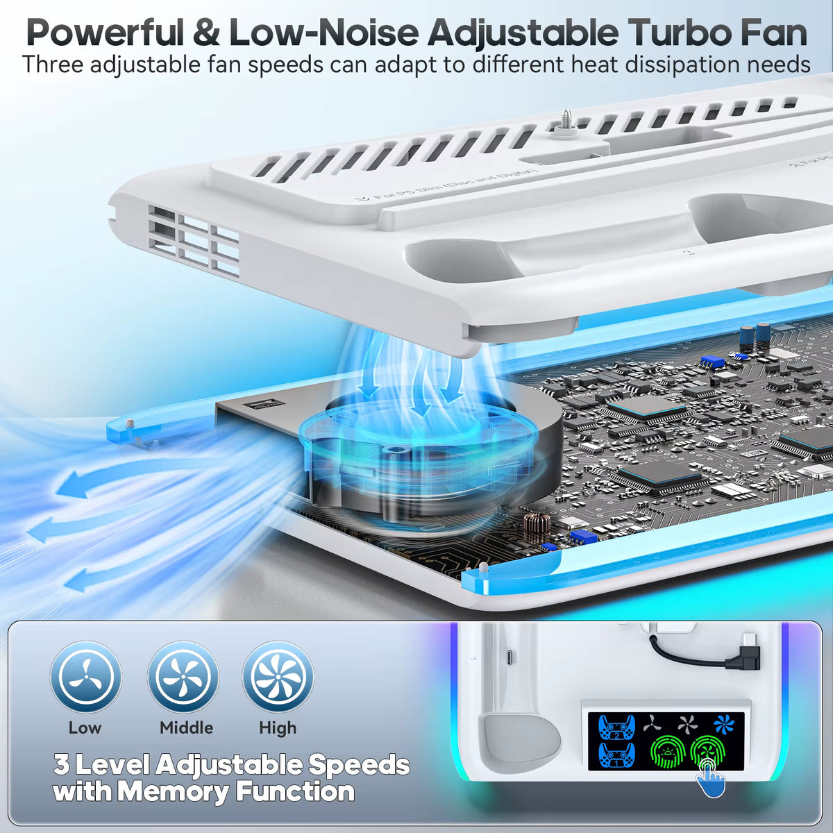 Internal component detail of low-noise turbo cooling fan and bottom-pull thermal extraction system