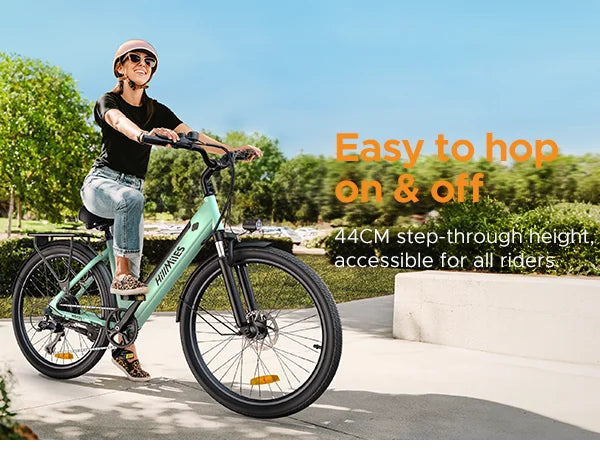 Woman on a green bicycle with text about step-through height accessibility