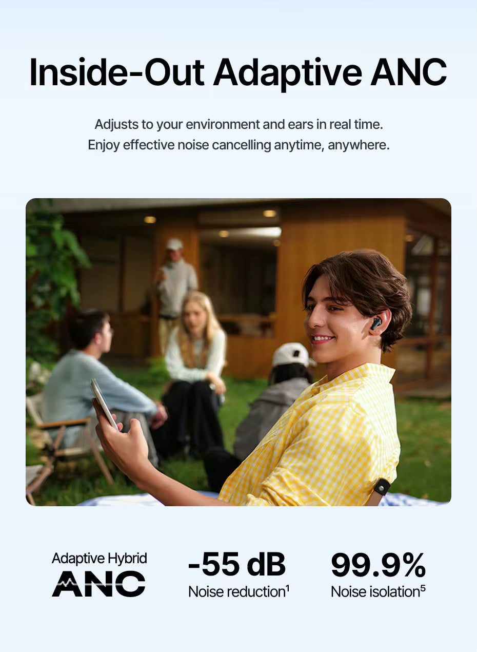 Person using a smartphone with text about Inside-Out Adaptive ANC technology in an outdoor setting for the Baseus EP10 earbuds