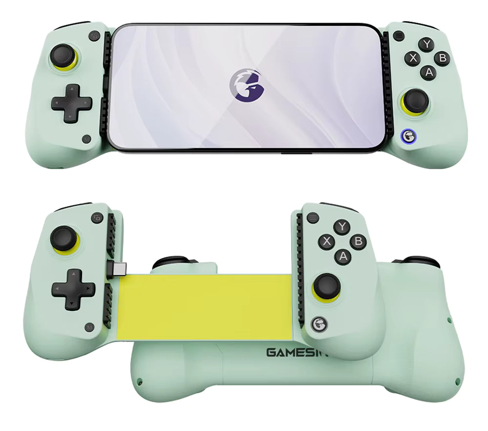 Top and front-angled views of the Wasabi GameSir X5 Lite Mobile Gaming Controller, showing the controller mounted with a smartphone displaying the app interface, and an expanded view highlighting the adjustable bridge, Type-C connector, textured grips, and ABXY layout.