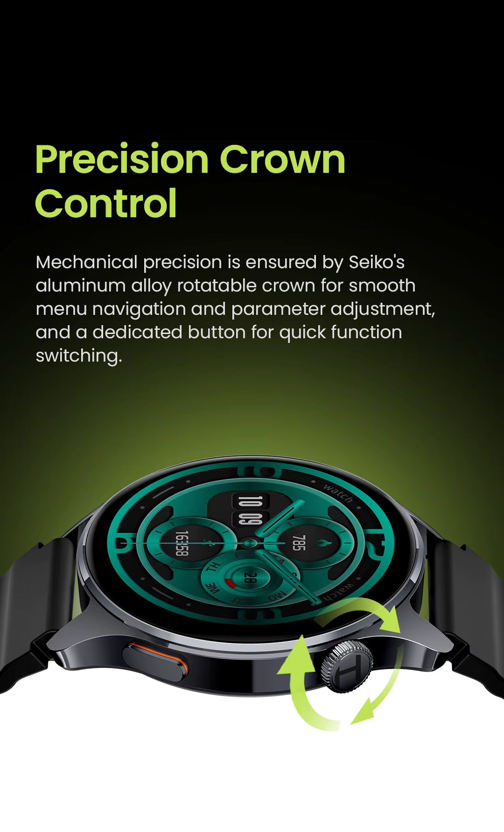 Watch with Seiko's precision crown control mechanism on a black background