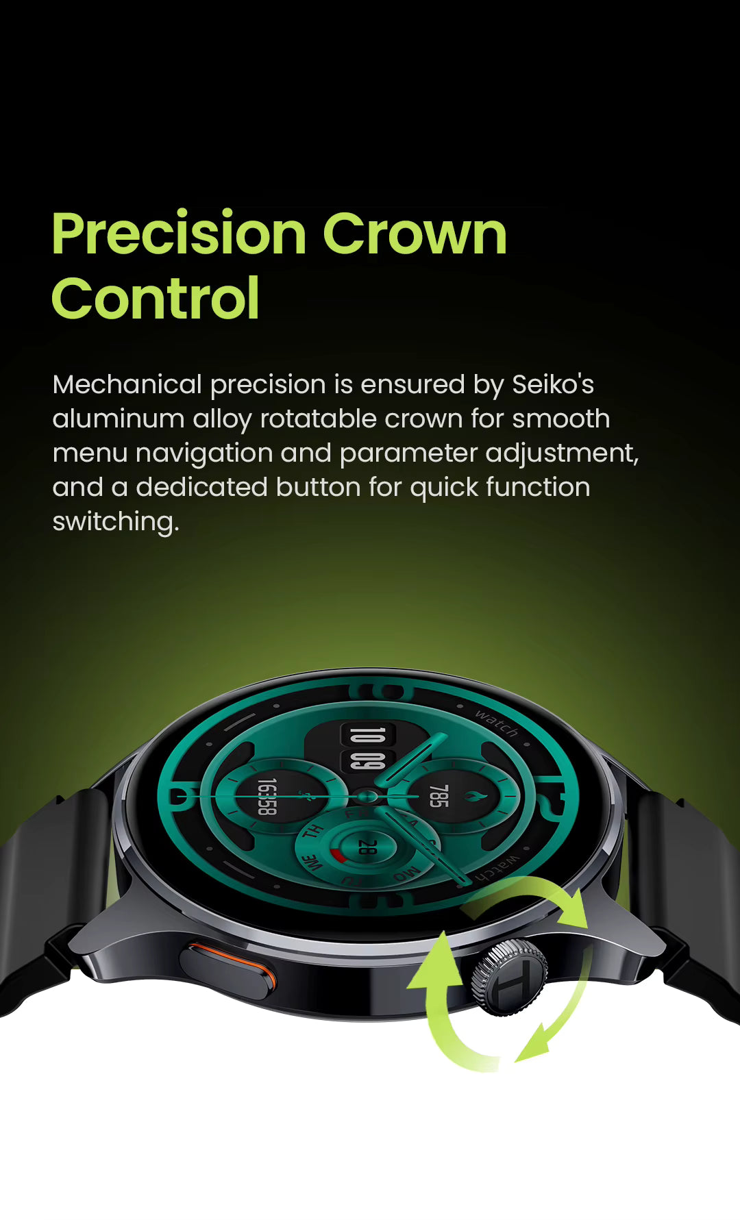 Watch with Seiko's precision crown control mechanism on a black background
