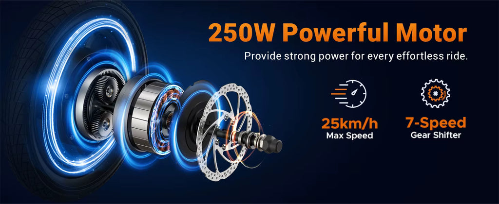250W powerful motor with specifications on a dark background