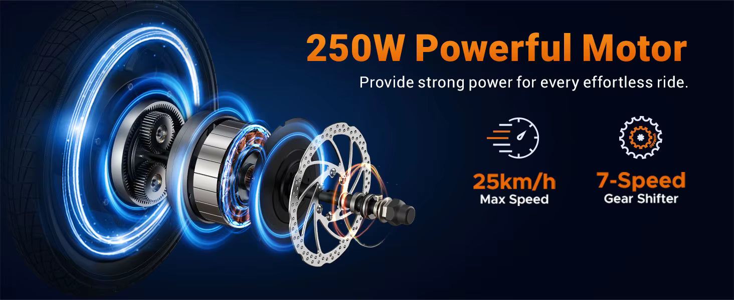 250W powerful motor with specifications on a dark background