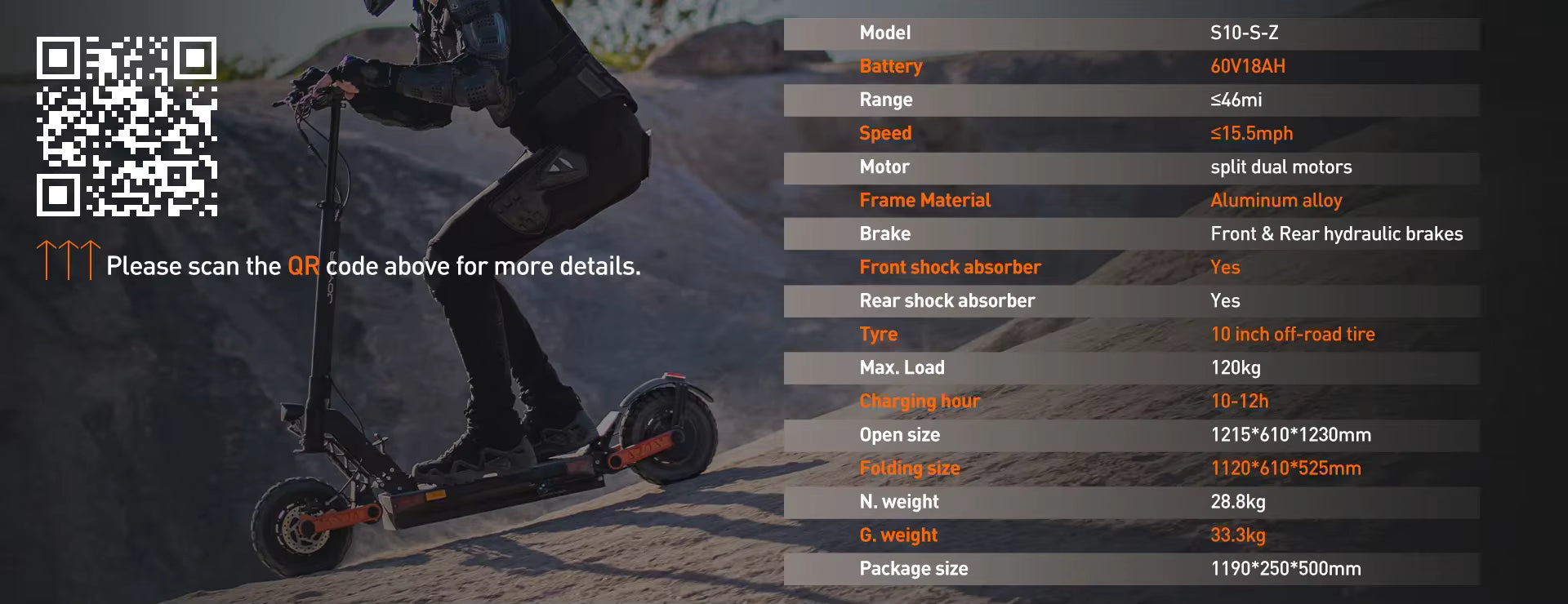 Person riding an e-scooter with product specifications displayed on the right side.