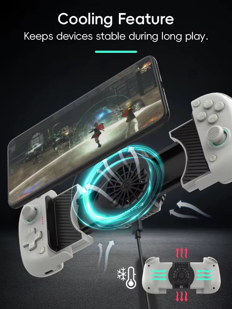 Data Frog controller with cooling fan shown under phone display, illustrating airflow and stability during long gaming sessions.