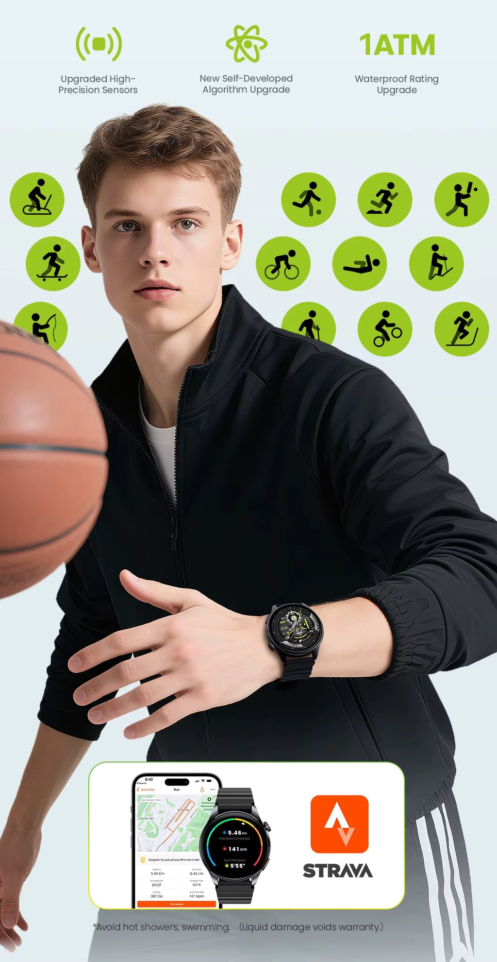A man in a black zip-up athletic jacket wearing a black smartwatch with a black strap and round watch face. The image includes feature callouts such as '1ATM', 'Upgraded High-Precision Sensors', 'New Self-Developed Algorithm Upgrade', and 'Waterproof Rating Upgrade', along with green activity icons, a phone screen mockup, a smartwatch mockup, and the Strava logo.