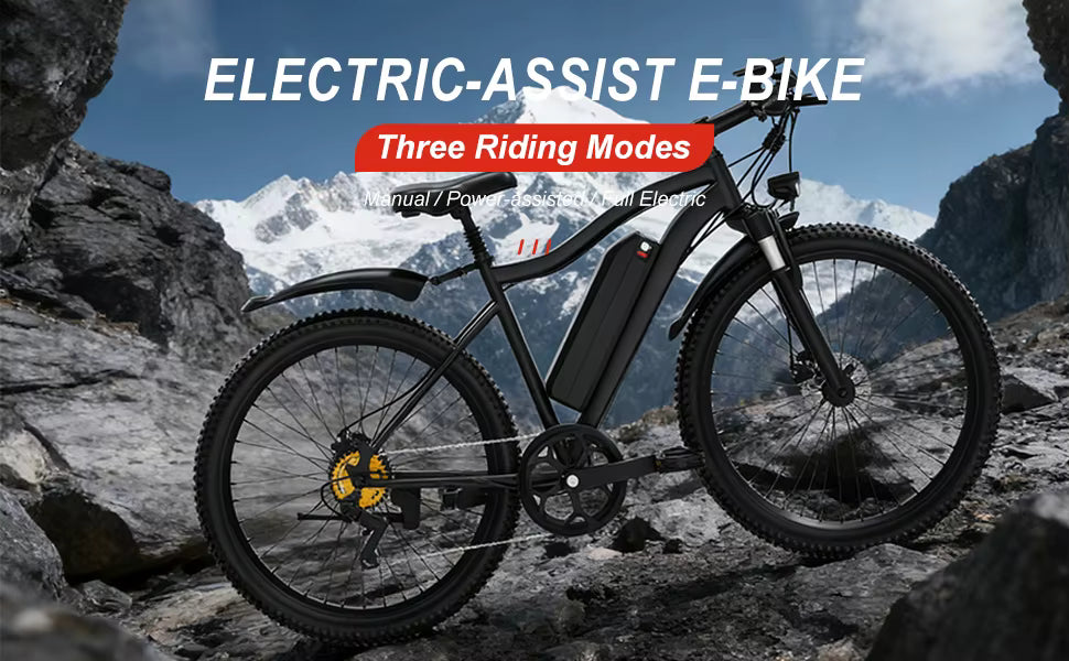 Electric-assist e-bike on rocky terrain with mountainous background