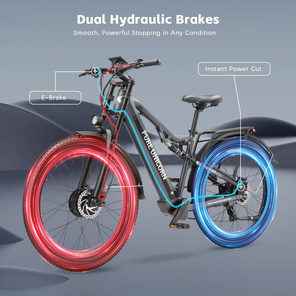 PURE UNICORN U7 Electric bike with dual hydraulic brakes on a gray background