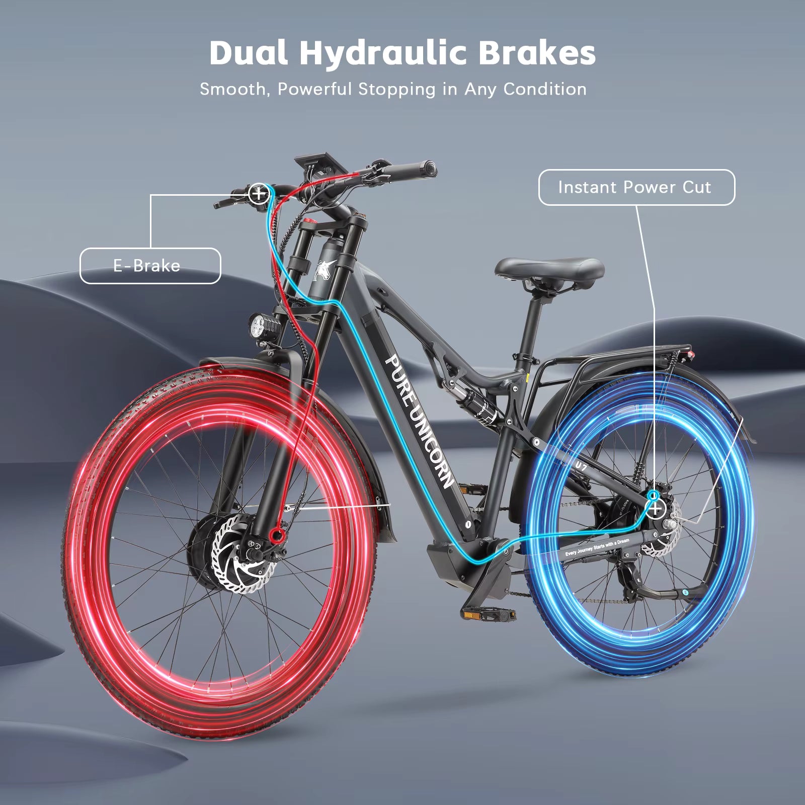 PURE UNICORN U7 Electric bike with dual hydraulic brakes on a gray background