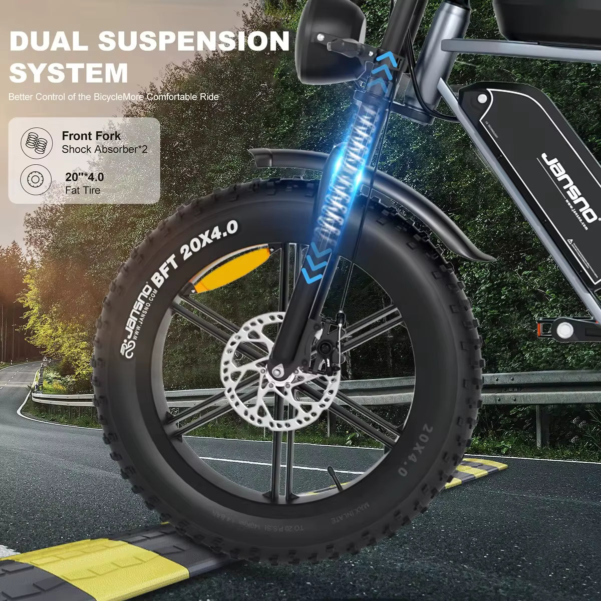 JANSNO X70 Electric bike with dual suspension system on a road with greenery in the background
