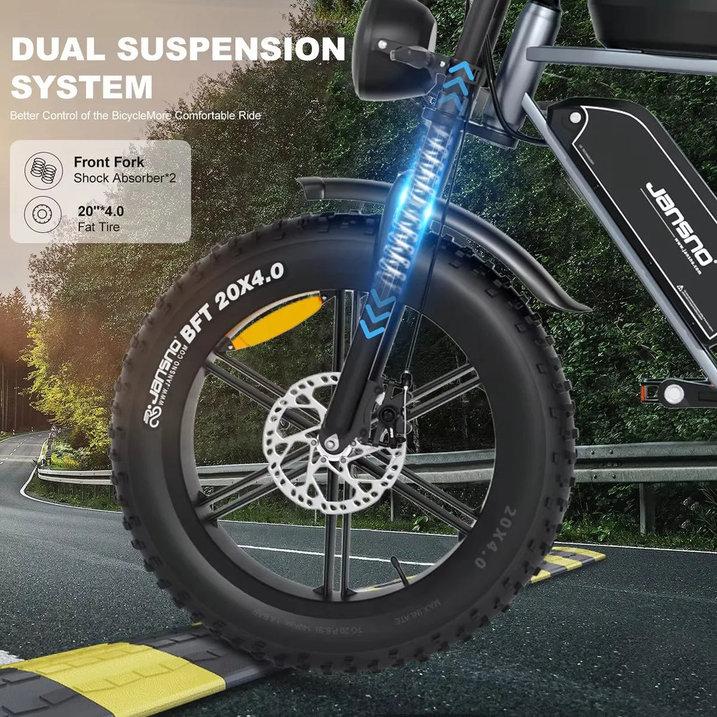 Electric bike with dual suspension system on a road with greenery in the background