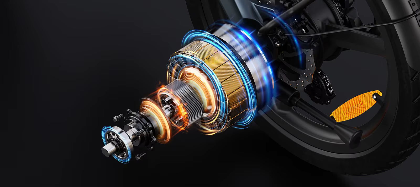 Close-up of an e-bike wheel with glowing internal components on a dark background