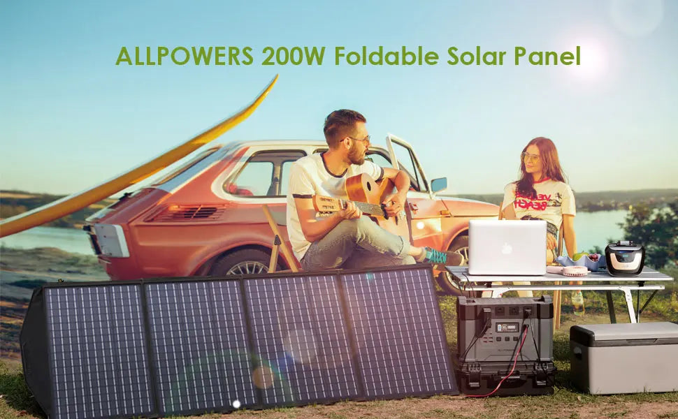 Allpowers 200W foldable solar panel with a couple sitting by a car in a scenic setting.