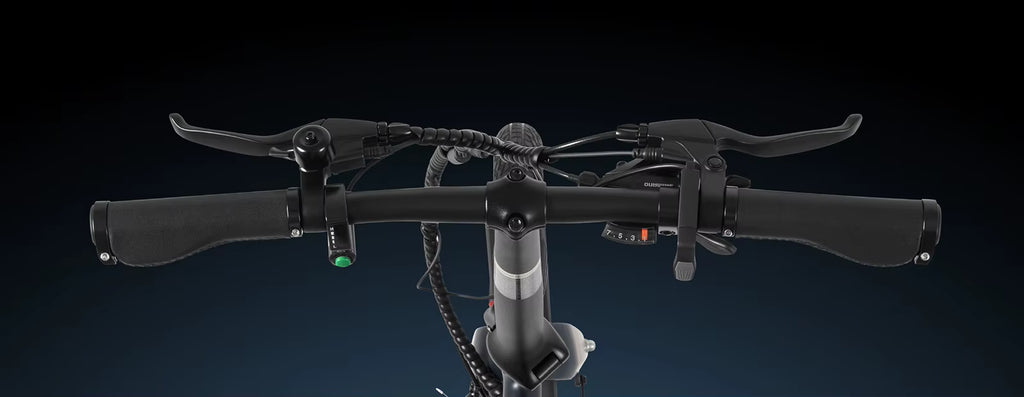 Close-up of an electric bicycle handlebar with dark background