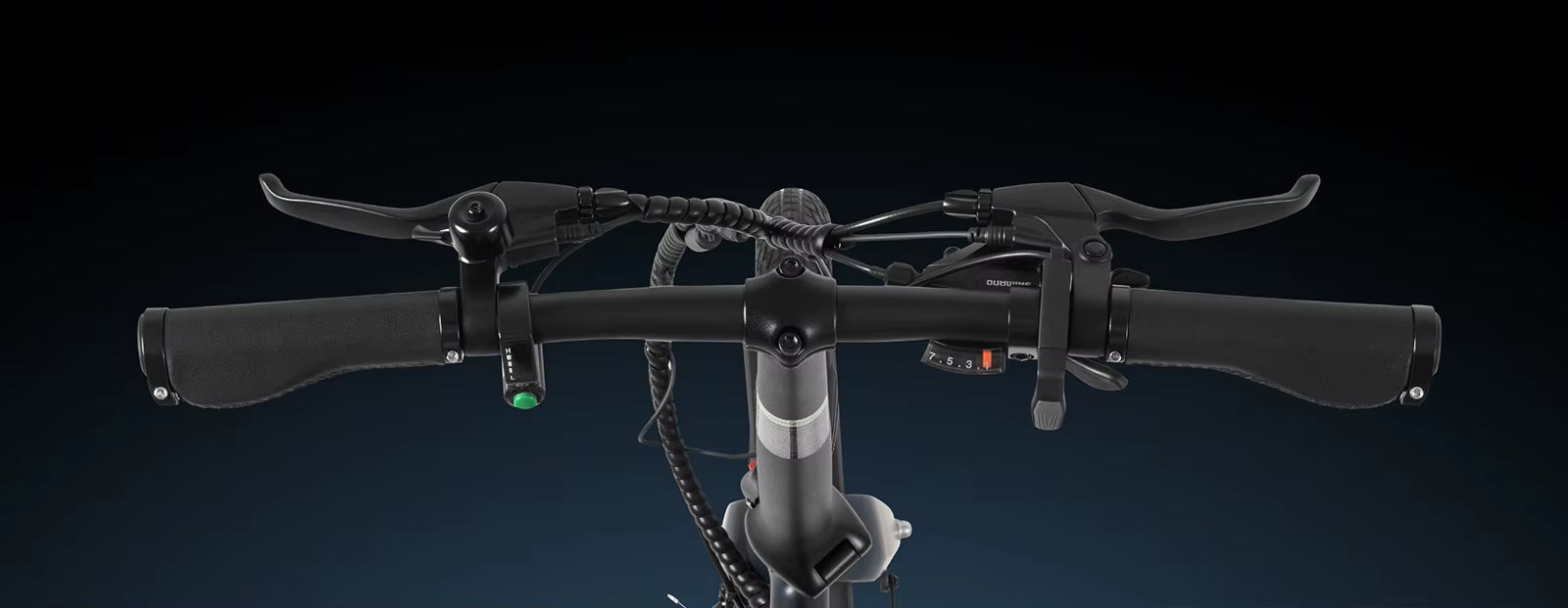 Close-up of an electric bicycle handlebar with dark background