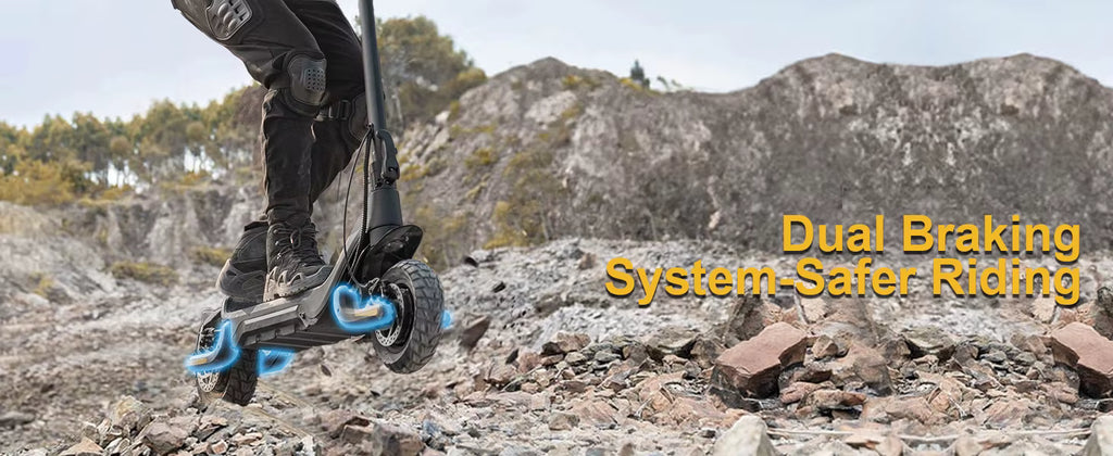 Person riding a scooter on rocky terrain with text 'Dual Braking System-Safer Riding' displayed.