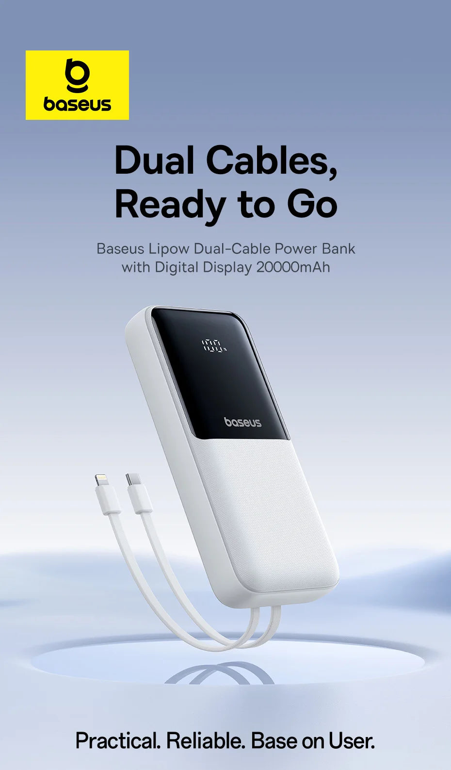 Baseus Lipow dual-cable power bank with digital display on a light blue background