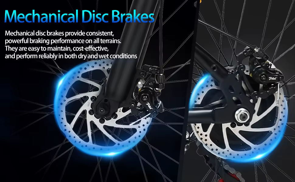 SAMEBIKE EBE2 E-Bike Mechanical disc brake system with glowing blue highlights on a dark background