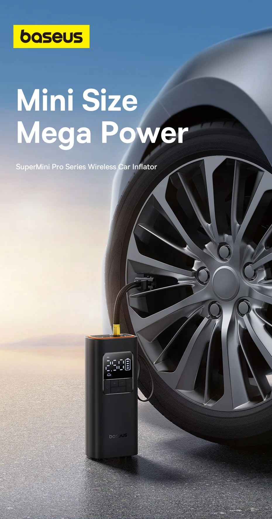 Baseus SuperMini Pro Series wireless car inflator with a car tire on a blue gradient background