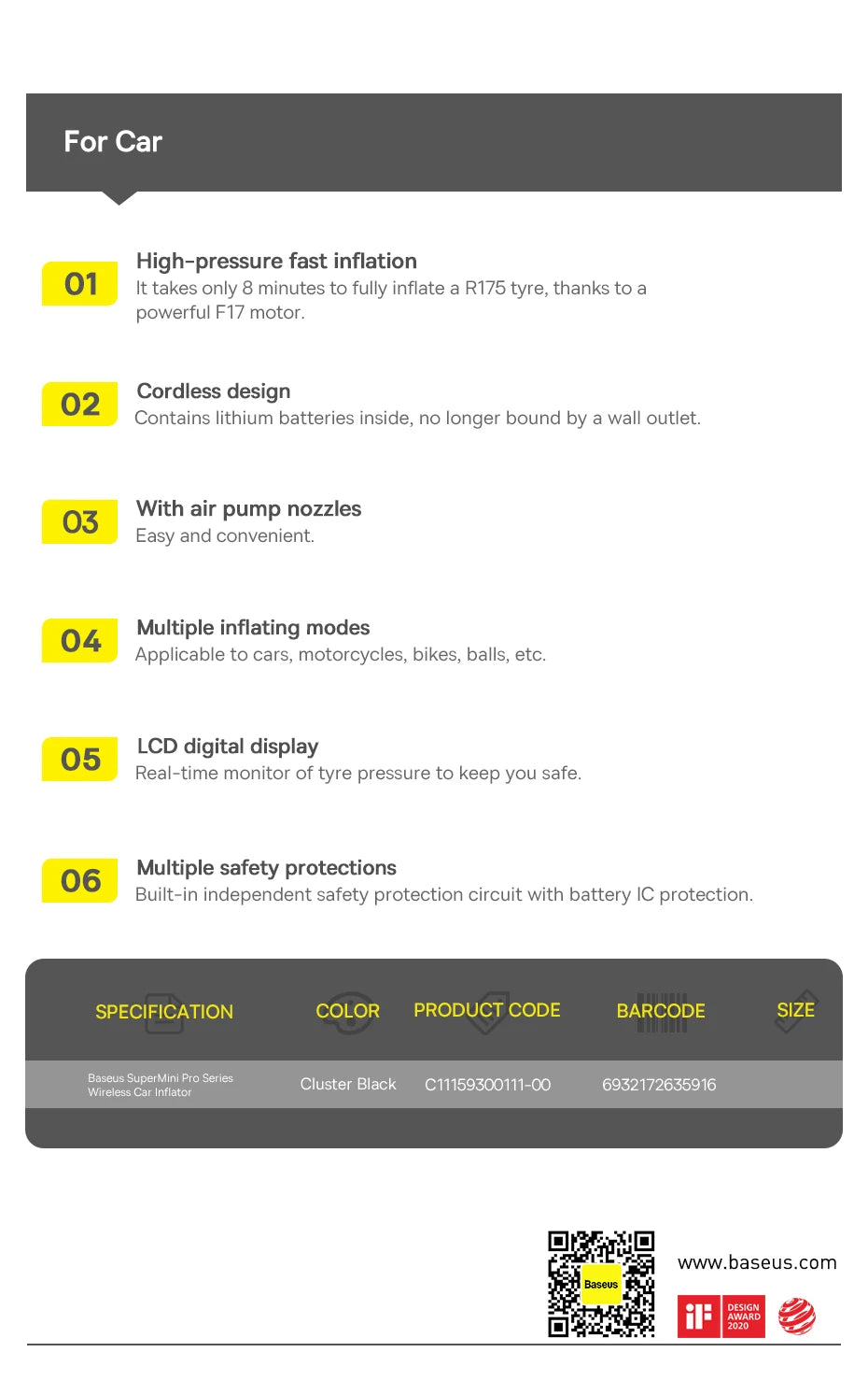 Product specifications for a car tire inflator on a white background