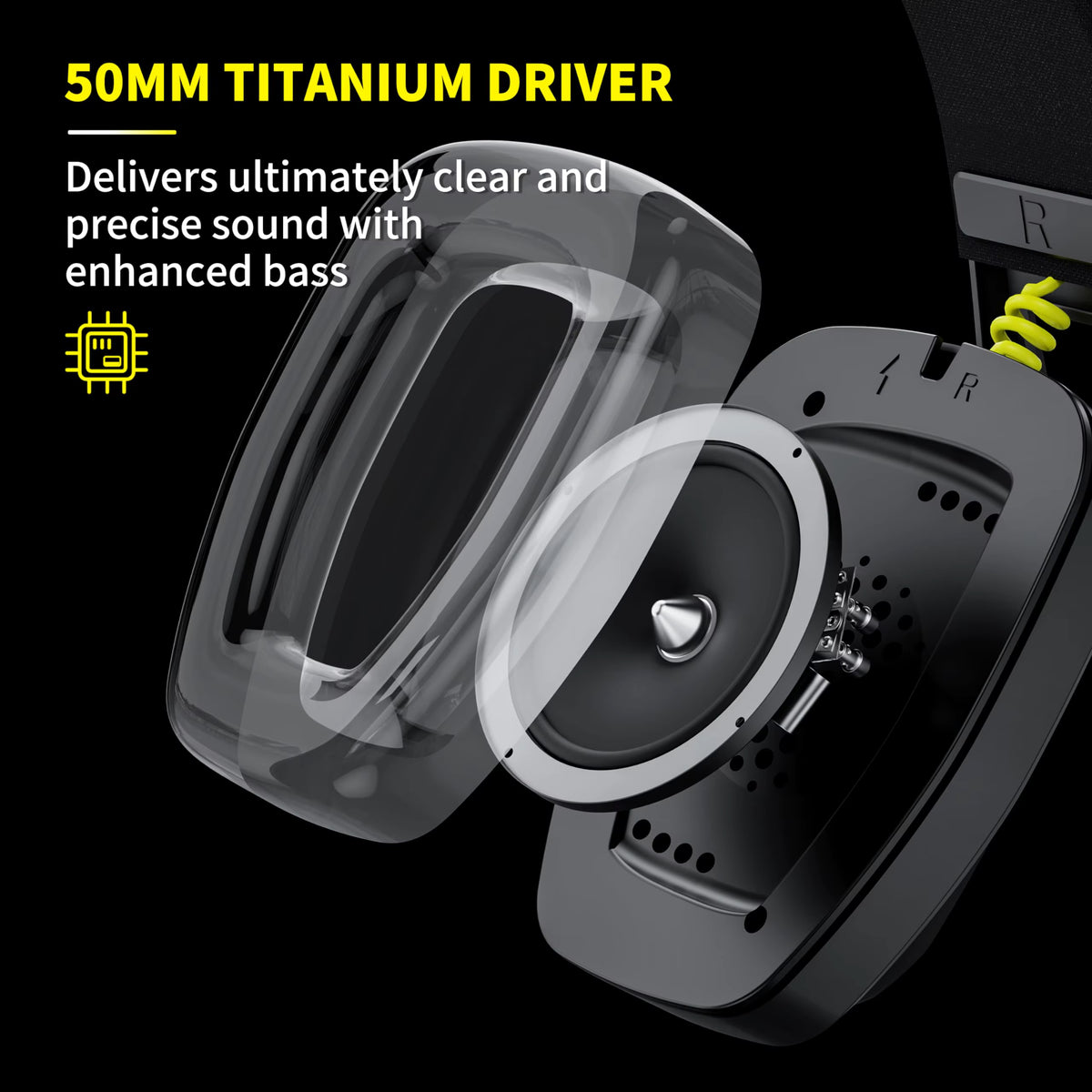 Exploded product graphic highlighting the 50mm titanium driver construction and enhanced audio performance