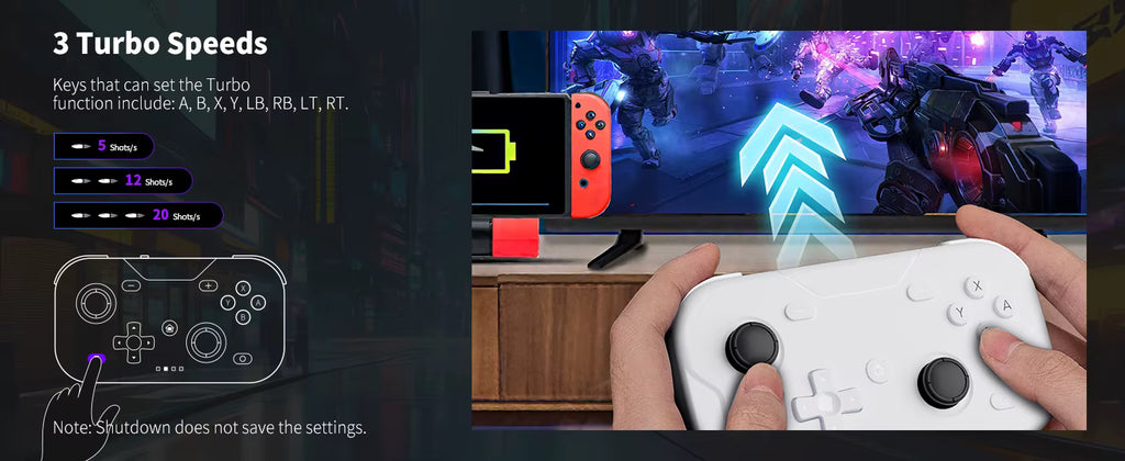 ACEGAMER Pocket Controller showing 3 turbo speed settings with labeled buttons for A, B, X, Y, LB, RB, LT, and RT. White controller held in hands in front of a TV displaying futuristic gameplay with a Nintendo Switch beside it. Blue arrow graphic highlights turbo performance and adjustable shot rates.