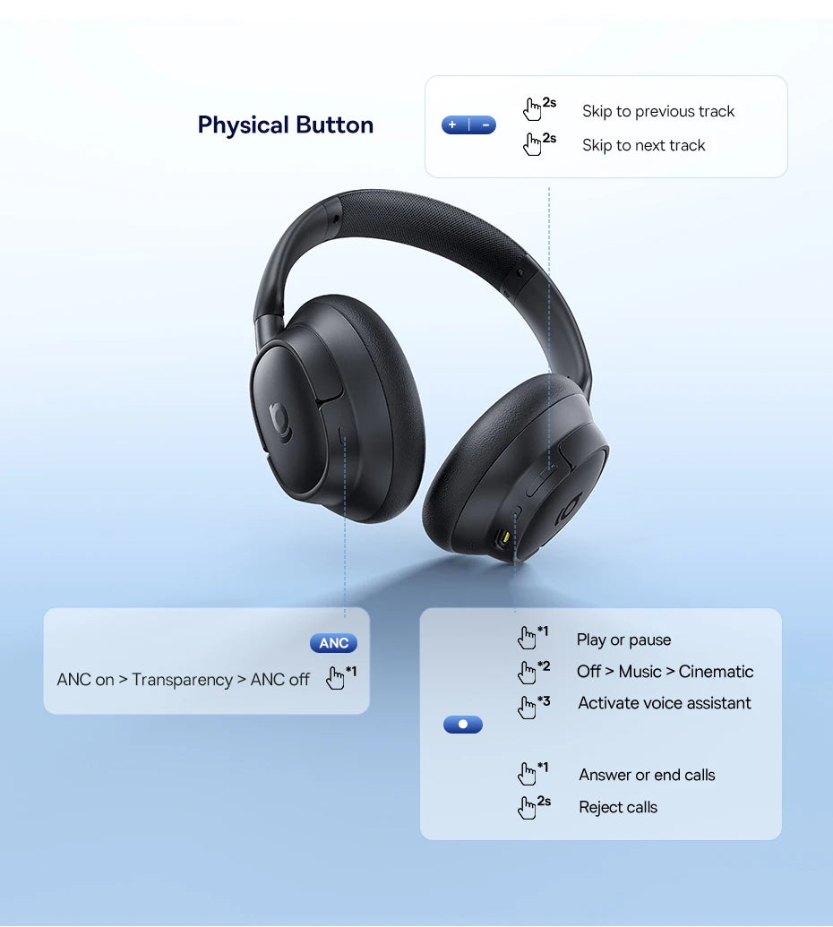 Black headphones with control buttons on a light blue background