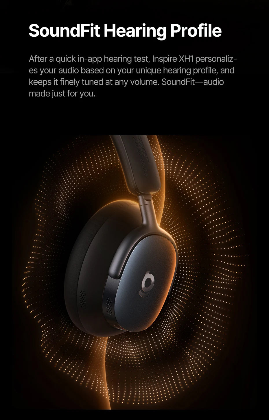 Baseus Inspire XH1 Headphones with a SoundFit Hearing Profile text on a dark background