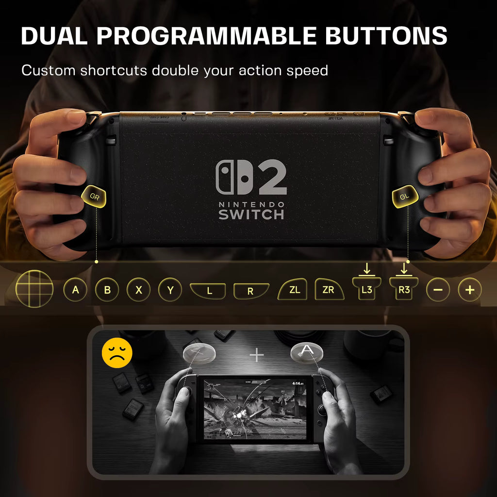 A black Nintendo Switch 2 console with two gold and black dual programmable buttons attached to the sides, held by two hands against a dark background. White text at the top reads 'DUAL PROGRAMMABLE BUTTONS' and 'Custom shortcuts double your action speed.