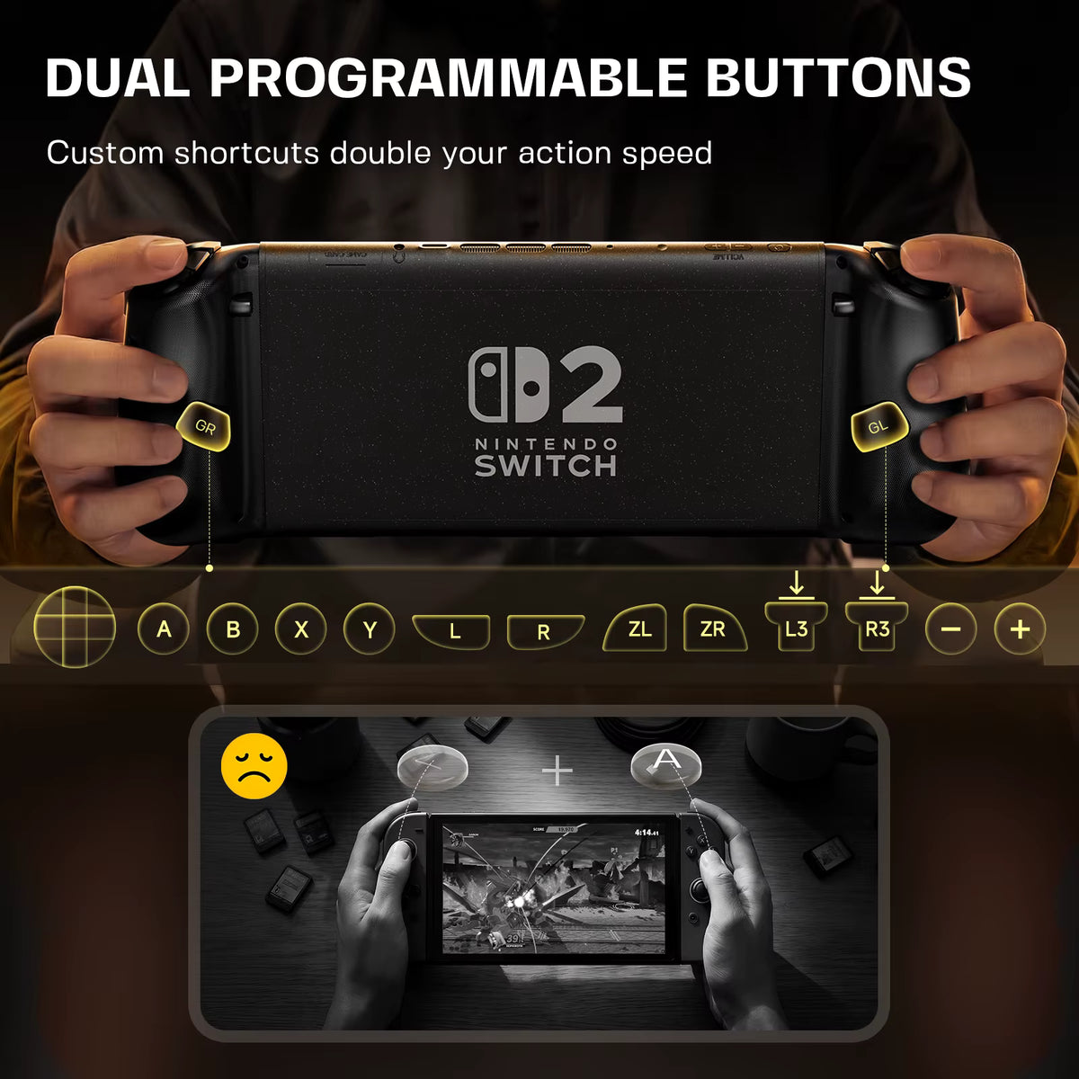 A black Nintendo Switch 2 console with two gold and black dual programmable buttons attached to the sides, held by two hands against a dark background. White text at the top reads 'DUAL PROGRAMMABLE BUTTONS' and 'Custom shortcuts double your action speed.